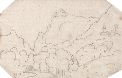 Bergblick mit Gebäuden von John Robert Cozens