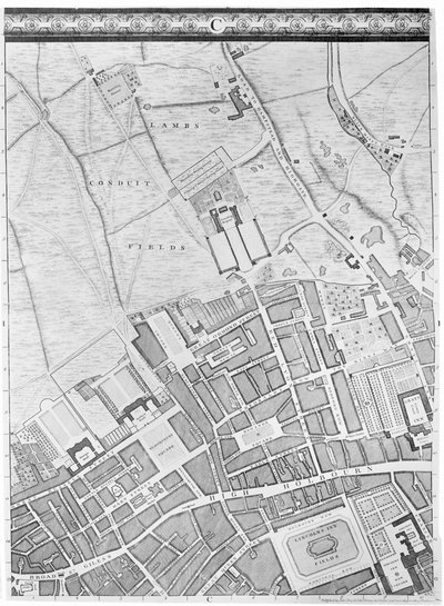 Eine Karte von Bloomsbury und Holborn, London, 1746 von John Rocque