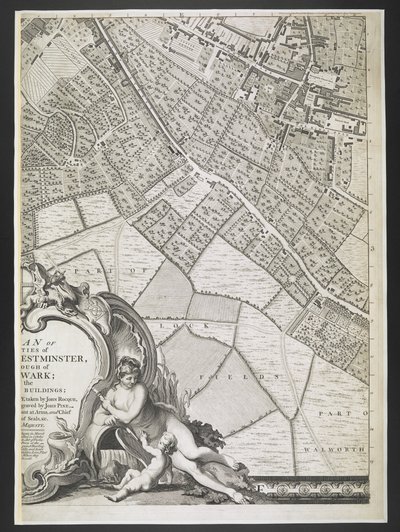 Plan von London, Teil der Lock Fields, Ein Plan der Städte London und Westminster und des Stadtteils Southwark; mit den angrenzenden Gebäuden; Nach einer tatsächlichen Vermessung, durchgeführt von JOHN ROCQUE, Landvermesser, und graviert von John Pine von John Rocque