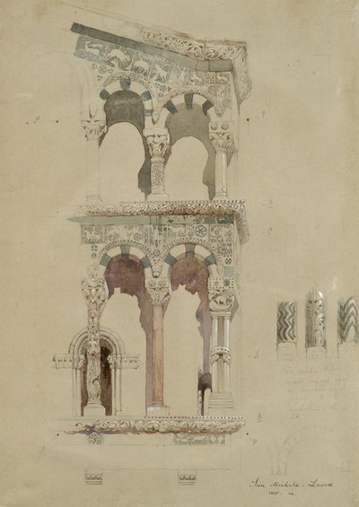 Teil der Fassade der zerstörten Kirche San Michele in Foro, Lucca, wie sie 1845 erschien von John Ruskin