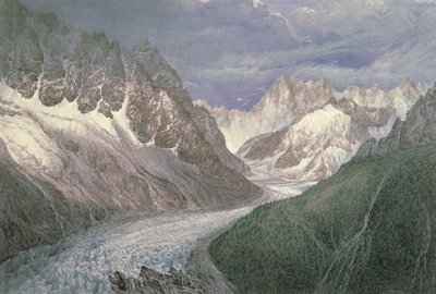 Blick auf das Mer de Glace mit der Aiguille du Moine links und den Grandes Jorasses in der Ferne rechts von John Scandrett Harford