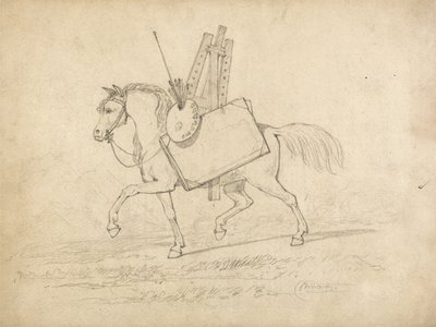 Ein Pferd, beladen mit Künstlerutensilien, geht nach links von John Sell Cotman