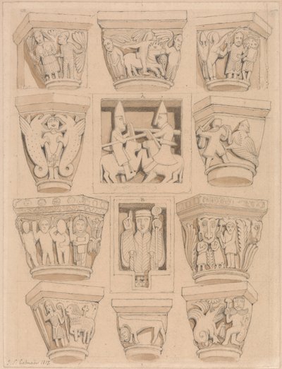 Kapitäle und A & B Basreliefs in der Abteikirche Saint Georges de Bocherville, nahe Rouen, Normandie von John Sell Cotman