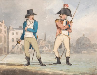Karikatur von zwei Männern mit gezogenen Schwertern (eine von drei) von John Sell Cotman