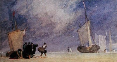 Figuren am Ufer entladen ein Boot bei Ebbe von John Sell Cotman