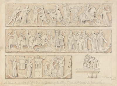 Skulptur auf einer Suite von Kapitellen im Kreuzgang der Abteikirche Saint Georges de Bocherville, in der Nähe von Rouen, Normandie von John Sell Cotman