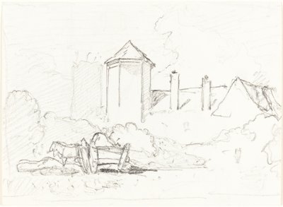 Skizze von Gebäuden mit Wagen und Pferden im Vordergrund von John Sell Cotman