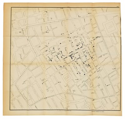 Eine Karte aus "Über die Art der Übertragung der Cholera", 1855 von John Snow