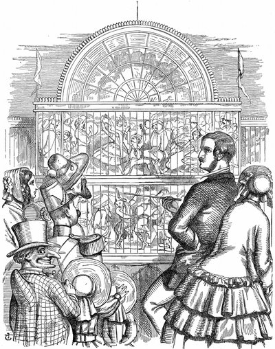 Albert, Prinzgemahl von Königin Victoria, zeigt den Kristallpalast und die Große Ausstellung im Hyde Park, London. John Tenniel Karikatur aus Punch London, 1851. Holzstich von John Tenniel