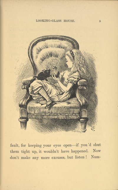 Alice sitzt in einem Stuhl und spielt mit einem Kätzchen von John Tenniel