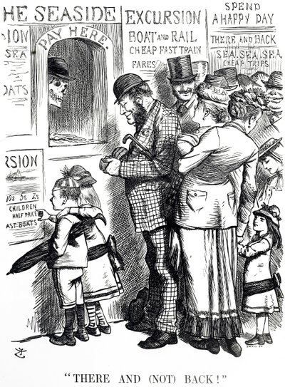 Karikatur, die die Häufigkeit von Unfällen in überfüllten Ausflugszügen kommentiert von John Tenniel
