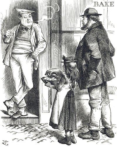 Karikatur, die die eingeschränkten Kochmöglichkeiten in armen Haushalten kommentiert, wo es oft keinen Ofen gab von John Tenniel