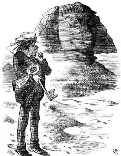 Karikatur, die Premierminister Benjamin Disraeli zeigt, wie er den Suezkanal als Schlüssel zum britischen Besitz und Einfluss in Indien hält von John Tenniel