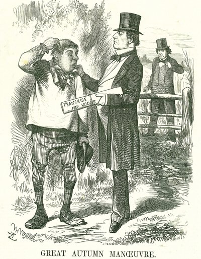 Großes Herbstmanöver: Gladstone dachte, dass schließlich das Wahlrecht den Landarbeitern (Hodge) gegeben werden müsse. Zu dieser Zeit war seine Amtszeit wackelig und Disraeli wartete darauf, seinen Platz einzunehmen. John Tenniel Karikatur aus Punch, Londo von John Tenniel