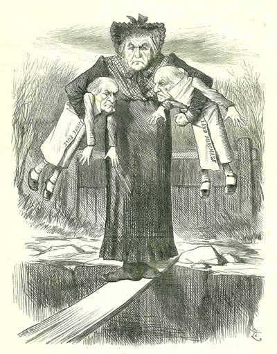 Set Down Two, and Carry One?: Gladstone, der britische Premierminister, in einer Zwickmühle, welchen der umstrittenen irischen Gesetzentwürfe er fallen lassen soll. John Tenniel Karikatur aus Punch, London, 3. April 1886. von John Tenniel
