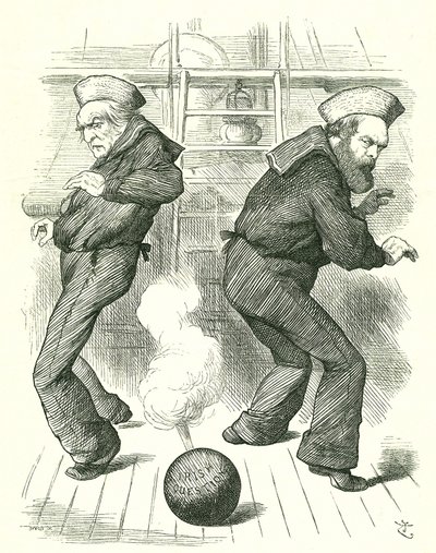 Die lebende Granate: Salisburys (rechts) Regierung trat im Januar zurück, gefolgt im Februar von der dritten Gladstone (links) Regierung. Keiner der Politiker freute sich darauf, sich mit den Problemen Irlands zu befassen. John Tenniel Karikatur aus Punch, von John Tenniel