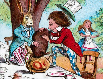 Der verrückte Hutmacher und der März-Hase versuchen, das Murmeltier in eine Teekanne zu stecken von John Tenniel