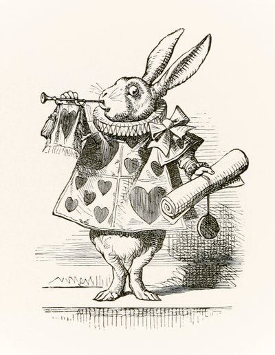 Das weiße Kaninchen mit Trompete und Schriftrolle, das die Anklage verkündet, aus 