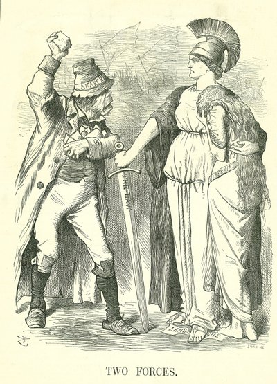 Zwei Kräfte: Irische Land League verboten. Britannia schützt Hibernia (Irland) mit der Kraft des Gesetzes gegen die Kraft der Anarchie. John Tenniel Karikatur aus Punch, London, 29. Oktober 1881. von John Tenniel