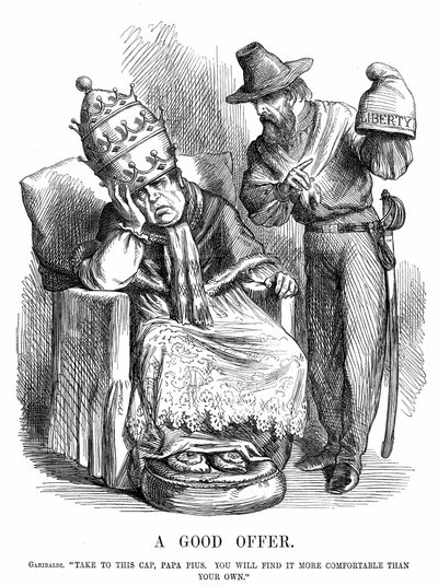 Vereinigung Italiens: Giuseppe Garibaldi (1807-1882) versucht, Papst Pius IX. zu überzeugen, dass die Freiheitsmütze viel bequemer wäre als die päpstliche Krone. John Tenniel Karikatur aus Punch, London, 29. September 1860. Holzstich. von John Tenniel