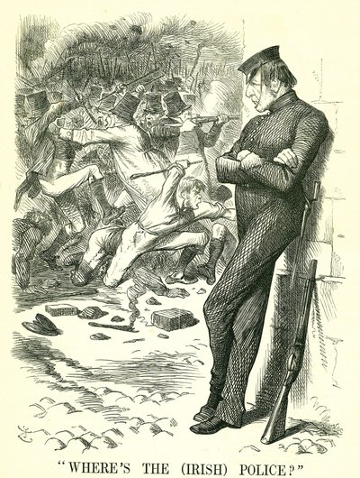 Wo ist die (irische) Polizei?: William Gladstone, britischer Premierminister, beobachtet die Unruhen in Irland und wartet darauf, einzugreifen. Im April wurde ein neues irisches Friedenssicherungsgesetz vom Parlament verabschiedet. John Tenniel Karikatur a von John Tenniel