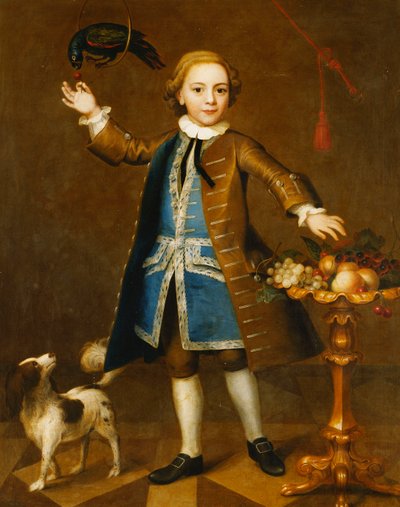Porträt eines Jungen, Ganzfigur, in einem braunen Mantel, blauer Weste mit Silberborte, eine Kirsche einem Papagei haltend, ein Spaniel an seiner Seite, mit Früchten auf einem Stand, 1741 von John Theodore Heins