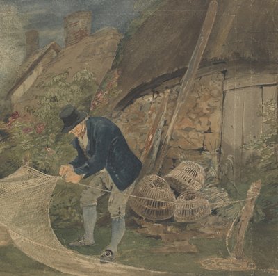 Ein alter Fischer repariert Netze mit einem Cottage im Hintergrund von John Thirtle