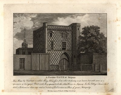 Ein kurioses Tor in buntem Ziegelwerk namens St. John Gate, das älteste Haus in Stepney von John Thomas Smith