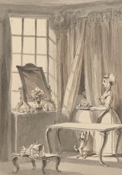 Hogarth hat Frühstück gemacht und schickt seiner Frau eine Tasse, während er gleichzeitig den kleinen Hund in ihr Schlafzimmer lässt von John Thomas Smith