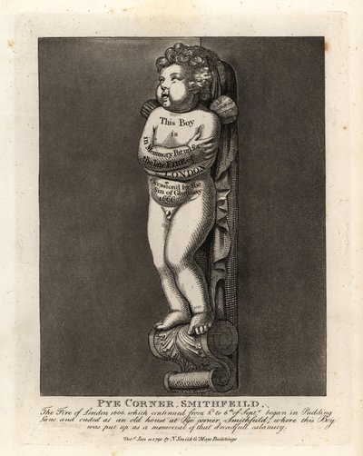 Denkmal eines Jungen an der Pye Corner, Smithfield, zur Erinnerung an das Feuer von London 1666 in der nahegelegenen Pudding Lane von John Thomas Smith