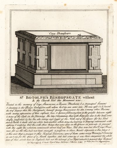Muslimisches Grabdenkmal im Altarstil für Coya Shawsware oder Khwaja Shahsuwar (1582-1626), einen Kaufmann und Sekretär von Nogdi Beg, dem persischen Botschafter, ehemals in St Botolphs, Bishopsgate von John Thomas Smith