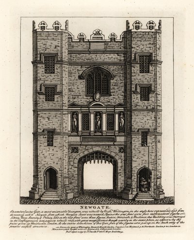 Newgate, wieder aufgebaut 1672 nach dem Großen Brand von London, mit drei Figuren: Gerechtigkeit, Tapferkeit und Klugheit vom ehemaligen Tor, das vom Bürgermeister von London Richard Whittington erbaut wurde von John Thomas Smith