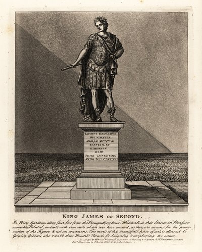 Statue von König James II. von England im Kostüm eines römischen Kaisers, Jacobus Seundus, entworfen von Grinling Gibbons, in den Privy Gardens von John Thomas Smith