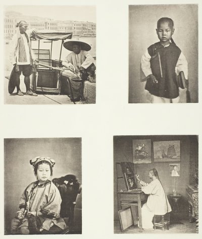 Ein Hong-Kong-Sänftenträger, ein chinesischer Schuljunge, ein chinesisches Mädchen, ein Hong-Kong-Künstler, ca. 1868 von John Thomson