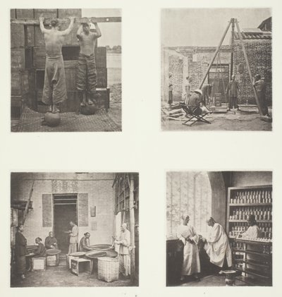 Rollen von duftendem Kapern- und Schießpulvertee; Wiegen von Tee für den Export; Ein Teehaus, Kanton; Ein Tee-Verkostungsraum, Kanton von John Thomson