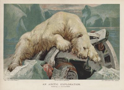 Eine Arktis-Expedition: ein Eisbär untersucht Gegenstände einer Arktis-Expedition von John Trivett Nettleship