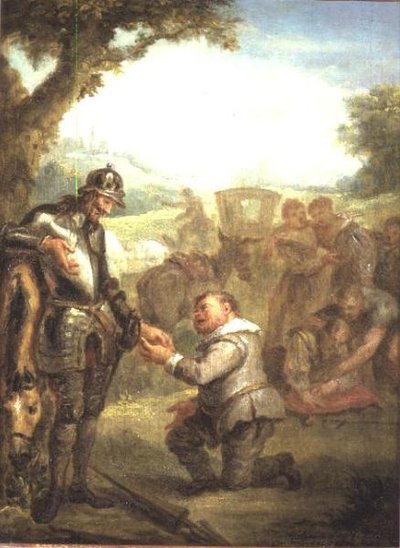 Don Quixote nach dem Duell mit dem tapferen Biscayaner, lehnt sich auf sein Pferd Rosinante, während Sancho Panchez die Gouverneurschaft der Insel Barataria fordert, Szene aus Cervantes