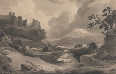 Berglandschaft mit Burgruinen auf einer Klippe von John Varley