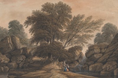 Figuren neben einem Wasserfall und Teich in einer bewaldeten Landschaft von John Varley I