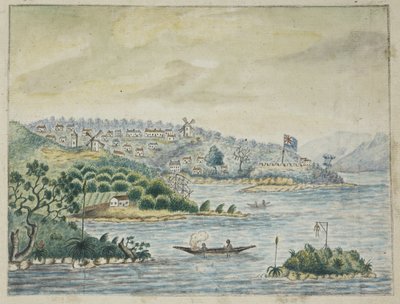 Eine Ansicht einer britischen Kolonie. Im Vordergrund Eingeborene in einem Kanu, aus einem Tagebuch an Bord des Minerva-Transports, von Irland nach New South Wales und Bengalen, von John Washington Price von John Washington Price
