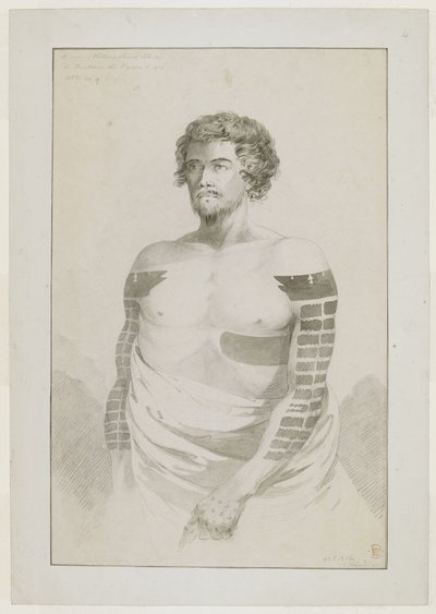 (Gesamte Zeichnung) Porträt eines Häuptlings von Borabora, [Puni?]; ein bärtiger Mann mit stark tätowierten Armen und einem großen Fleck auf seiner linken Seite. Dezember 1777 von John Webber