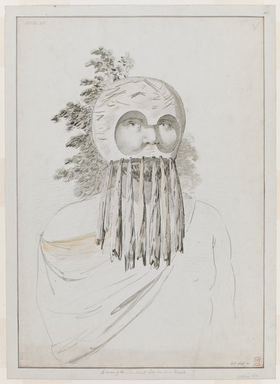 Ein Mann von den Sandwichinseln in einer Maske. Ein Mann von den Sandwichinseln in einer Maske, bestehend aus einer Schüsselkopfbedeckung mit Ausschnitten für die Augen. von John Webber