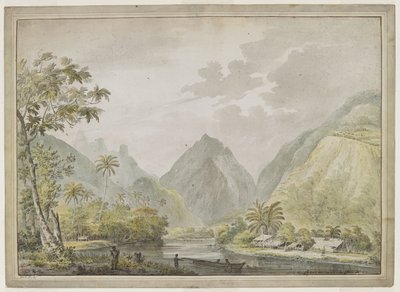Blick auf den Vaitepiha-Fluss mit zwei Tahitianern in einem Kanu im Vordergrund und zwei weiteren am Ufer. Tahitianische Häuser rechts. August 1777 von John Webber