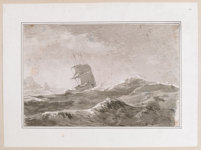 Zeichnung eines europäischen Schiffes unter Segeln in schwerer See; wahrscheinlich nicht eines von Cooks Schiffen. Gefertigt während Captain Cooks dritter Reise. von John Webber