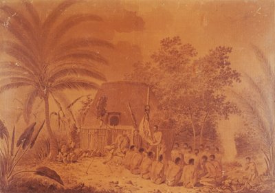 Opfergaben für Kapitän James Cook, Gravur von John Webber, Polynesien 18. Jahrhundert von John Webber