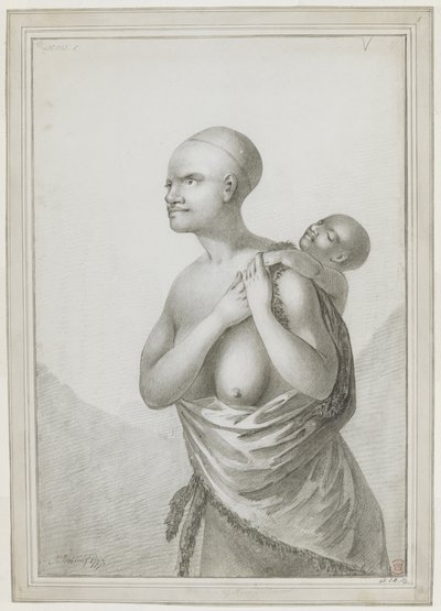[Ganzes Zeichnung] Eine tasmanische Frau, die ein Kind auf ihrem Rücken trägt, mit einer Haut von ihrer linken Schulter um ihre Taille geschlungen. Januar 1777 von John Webber