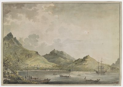 [Gesamte Zeichnung]. Ein Blick auf den Hafen von Huahine [Fare Harbour] mit spitzen Bergen, darunter der Mount Turi, im Hintergrund. In der Bucht befindet sich die 