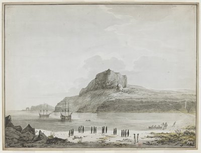 [Gesamte Zeichnung] Ansicht des Weihnachts-Hafens, Kerguelen-Insel, mit der Discovery und der Resolution vor Anker. Zwei Schiffsboote sind draußen, eines landet Seeleute am Ufer. Im Vordergrund zwanzig Pinguine in Gruppen und ein Seelöwe. 25.-30. Dezember  von John Webber