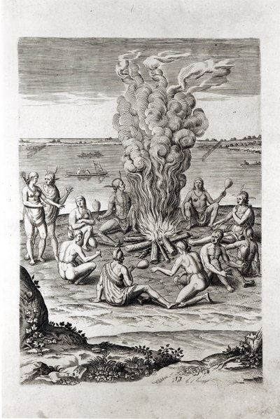Indianer beten um ein Feuer, Gravur aus Hariots 