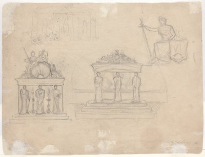 Studien von klassischen Tempelfassaden und sitzender weiblicher Figur [verso] von John William Casilear